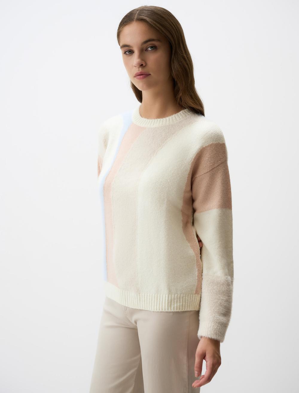 Crew Neck Long-Sleeve Pullover - Ecru - 4WW03230474114