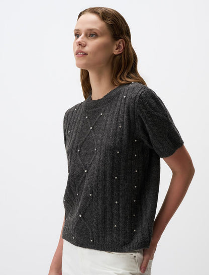 Crew Neck Shiny Stone Detailed Sweater