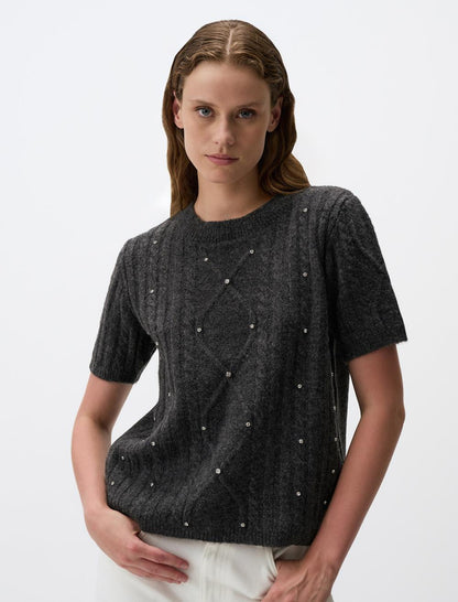 Crew Neck Shiny Stone Detailed Sweater