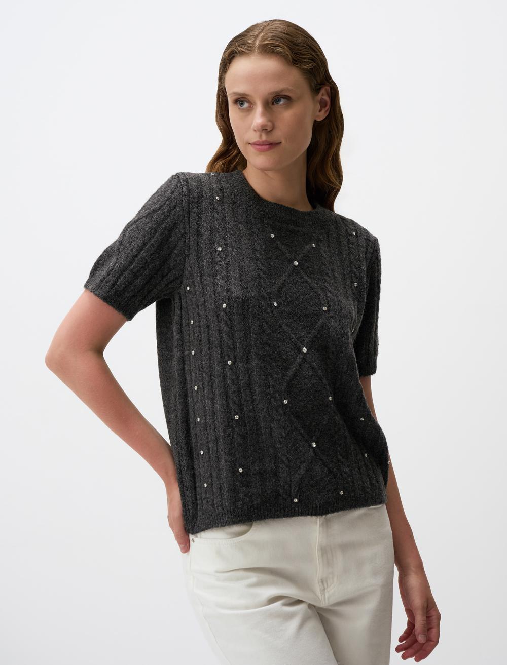 Crew Neck Shiny Stone Detailed Sweater