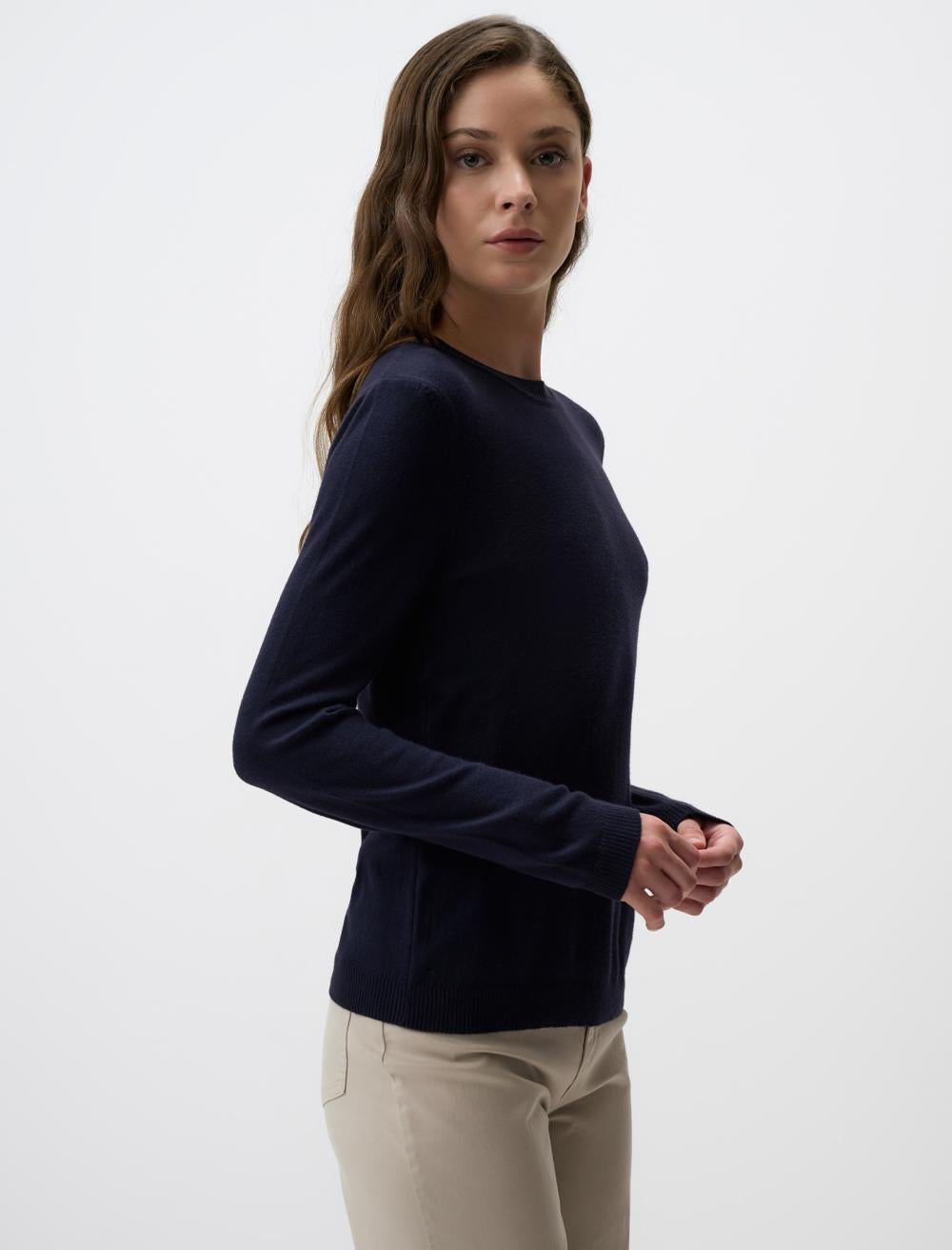 Slim Fit Crew Neck Long-Sleeve Pullover - Dark Blue - 4WW03230793494