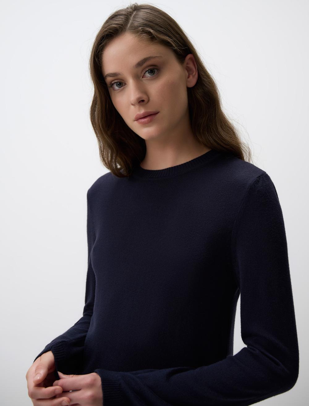 Slim Fit Crew Neck Long-Sleeve Pullover - Dark Blue - 4WW03230793494