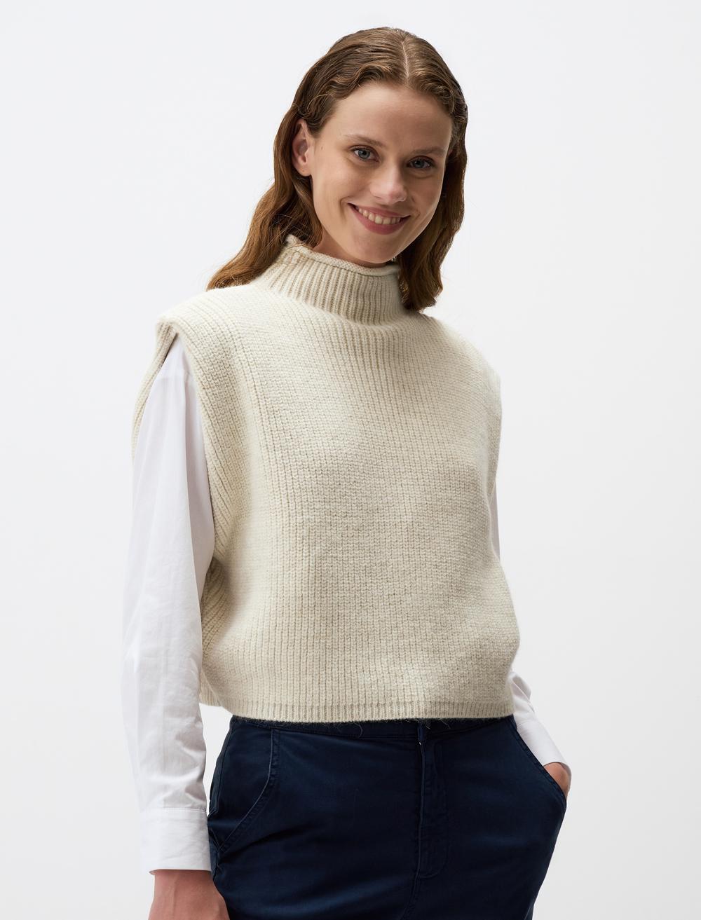 Turtleneck Sleeveless Short Sweater - Stone - 4WW03350849928