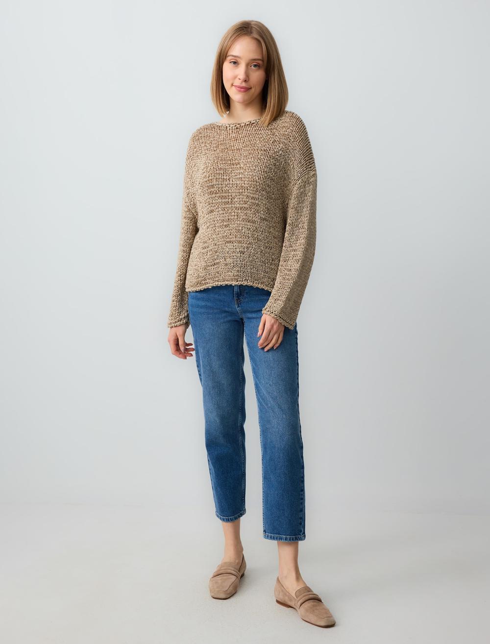 Off-The-Shoulder Long-Sleeve Pullover - Beige - 5SW134085125