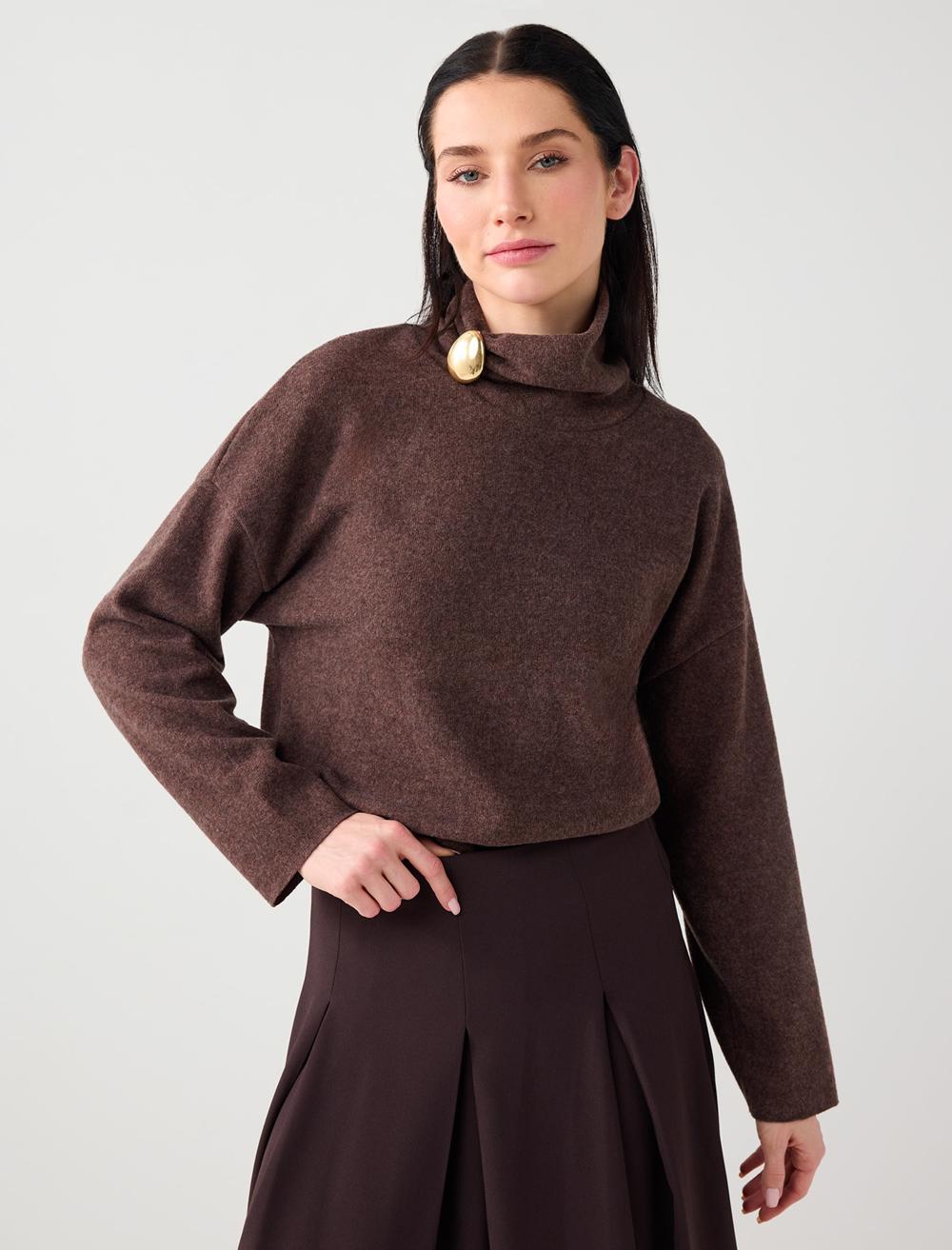 Soft Textured Stand Collar Accessory Detailed Knit Sweater