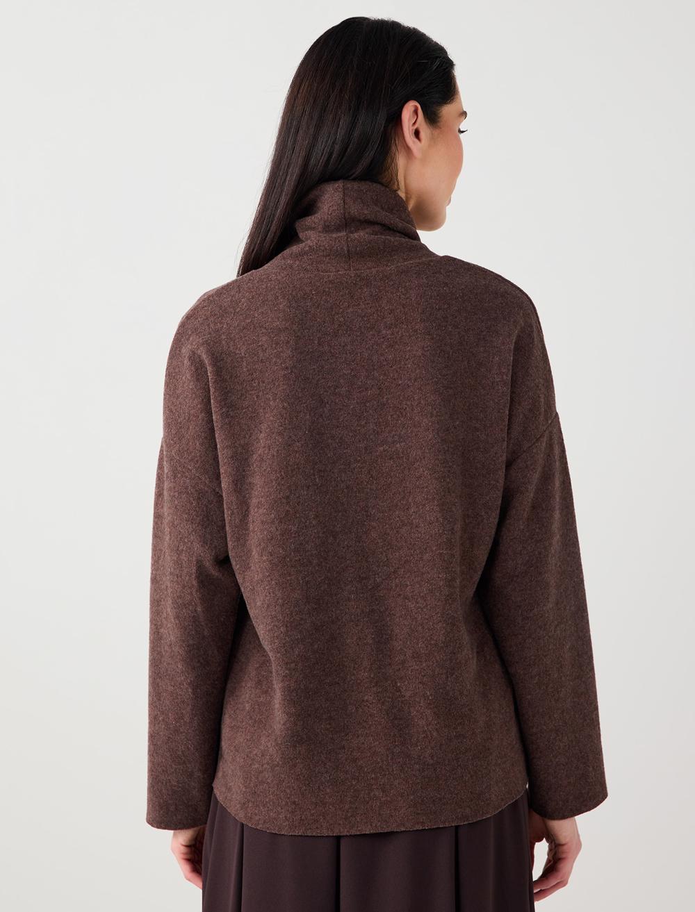 Soft Textured Stand Collar Accessory Detailed Knit Sweater - Beige
