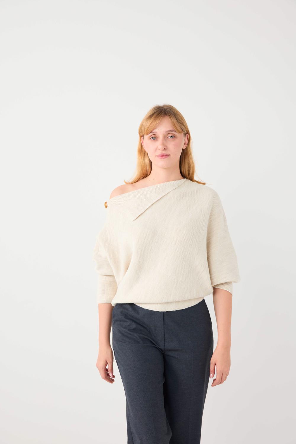Off-Shoulder Loose Fit Knit Pullover - 5WW132894