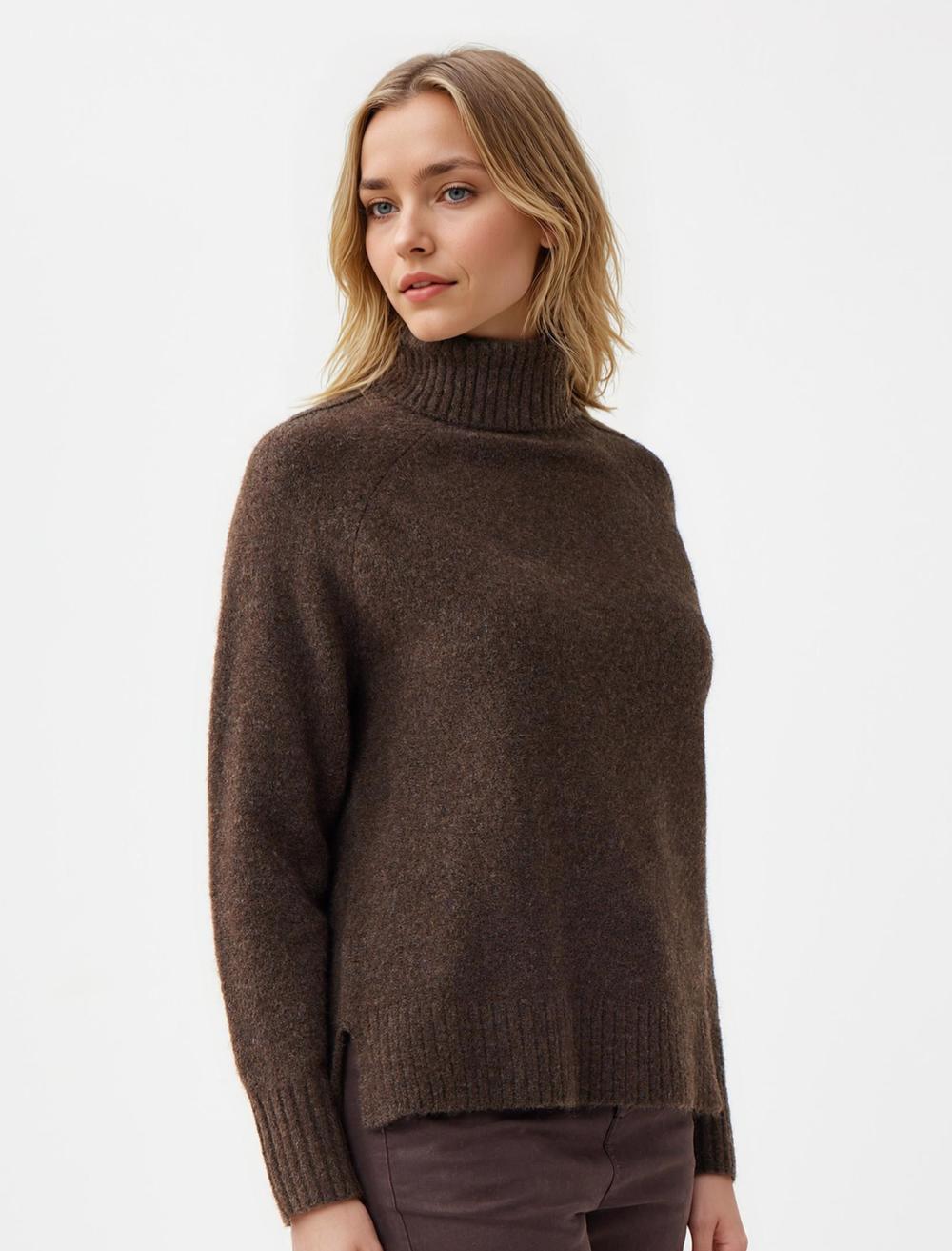 Polo Neck Long-Sleeve Pullover - Bitter Brown - 5WW134094803