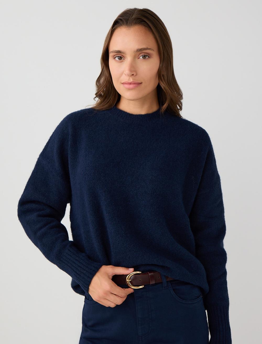 Loose Fit Crew Neck Long-Sleeve Pullover - Dark Blue