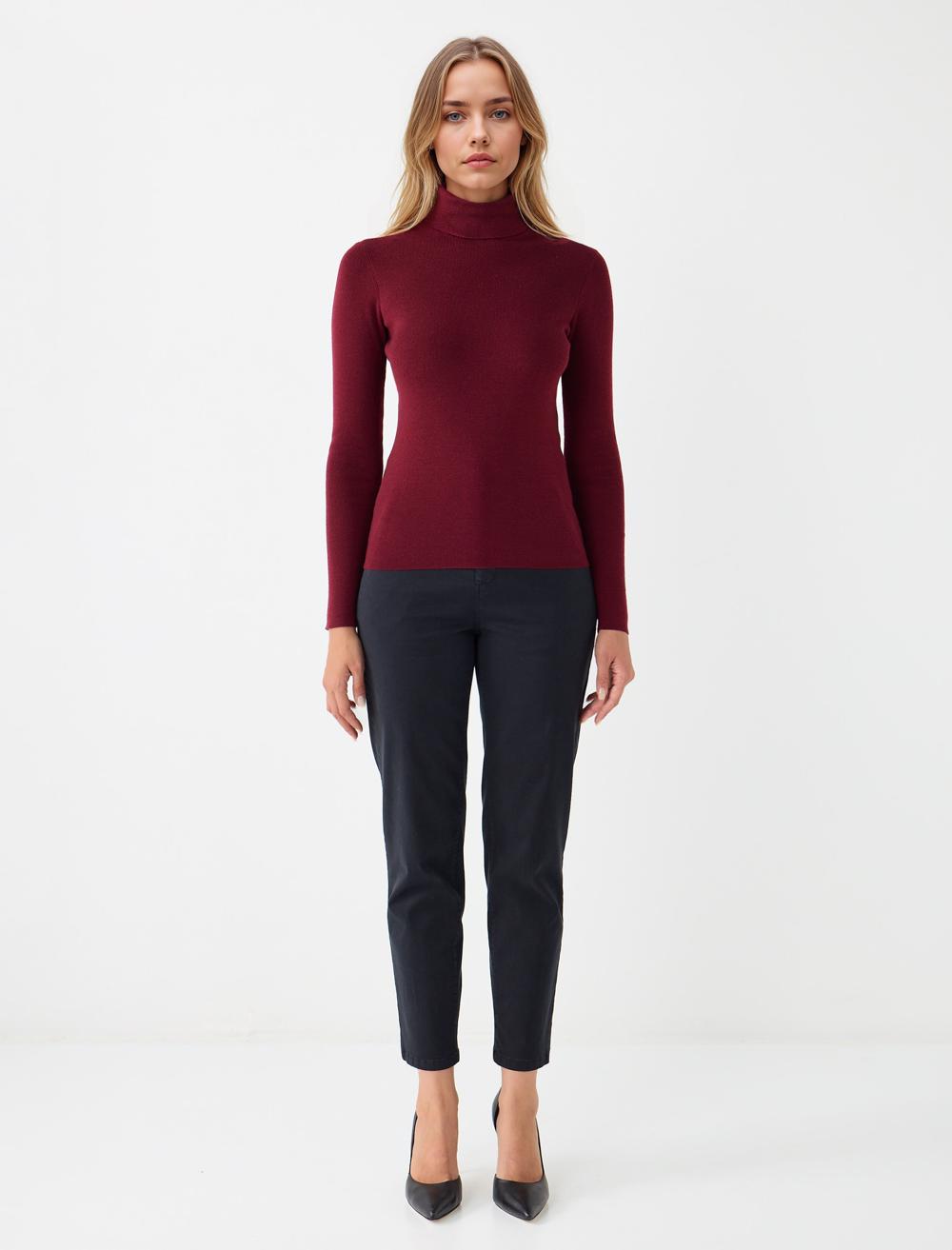 Slim Fit Polo Neck Long-Sleeve Pullover - Burgundy - 5WW134150562