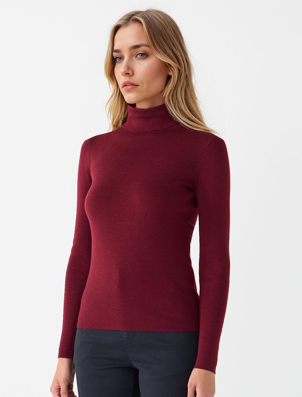 Slim Fit Polo Neck Long-Sleeve Pullover - Burgundy - 5WW134150562