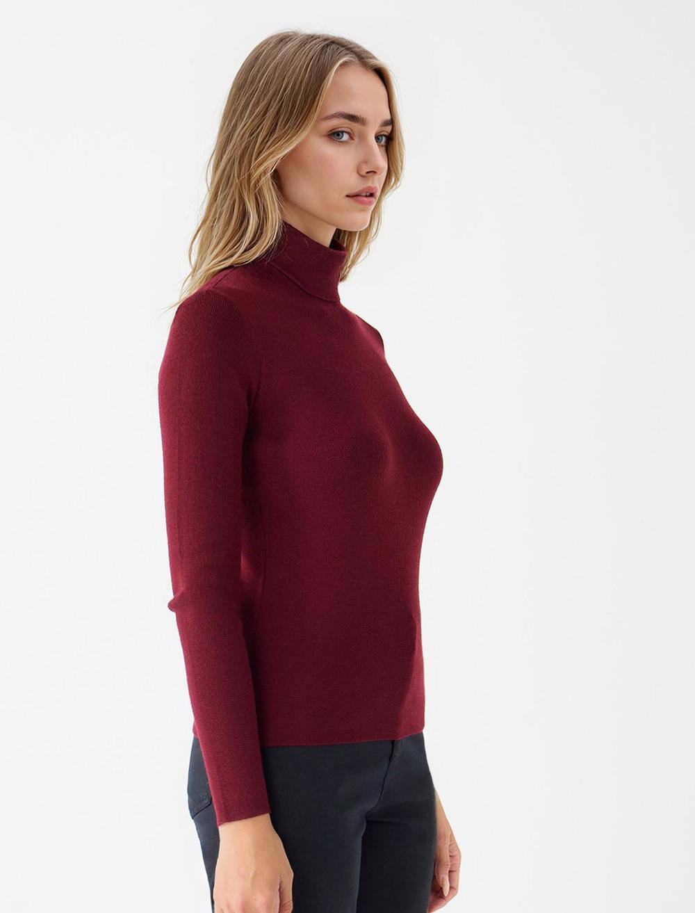 Slim Fit Polo Neck Long-Sleeve Pullover - Burgundy - 5WW134150562