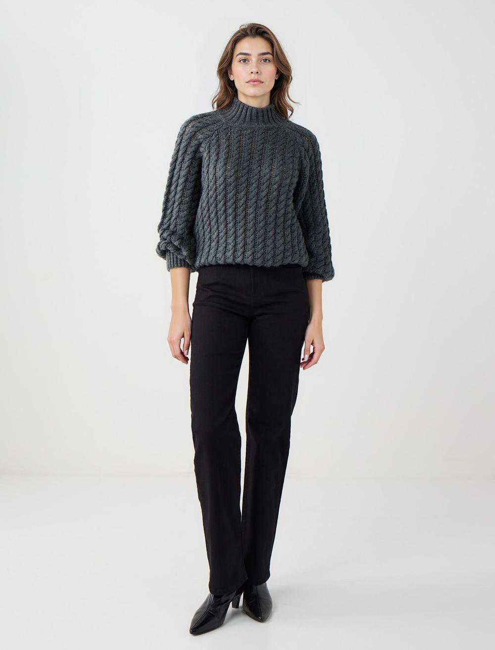 Loose Fit Polo Neck Long-Sleeve Pullover - Anthracite - 5WW134154971