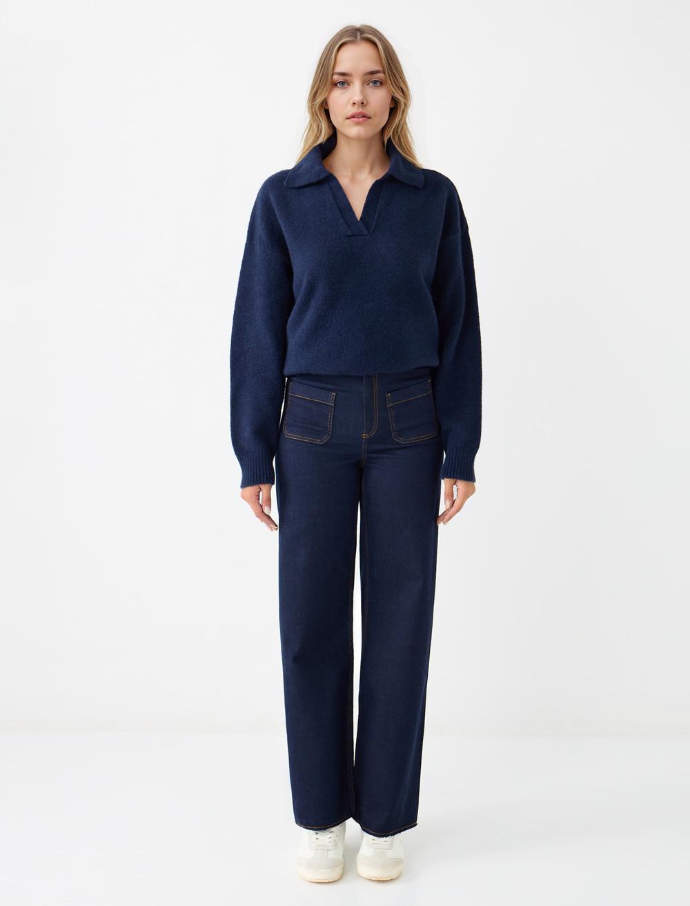 Loose Fit V-Neck Long-Sleeve Pullover - Dark Blue - 5WW135621494