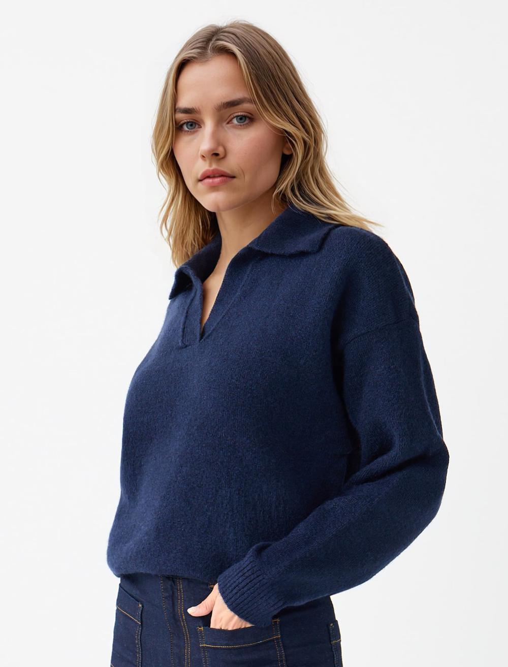 Loose Fit V-Neck Long-Sleeve Pullover - Dark Blue - 5WW135621494
