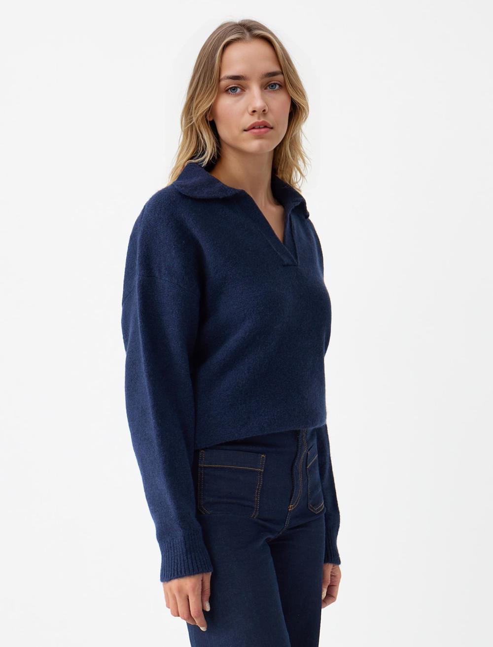 Loose Fit V-Neck Long-Sleeve Pullover - Dark Blue - 5WW135621494