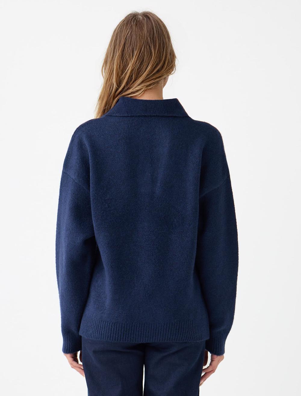 Loose Fit V-Neck Long-Sleeve Pullover - Dark Blue - 5WW135621494