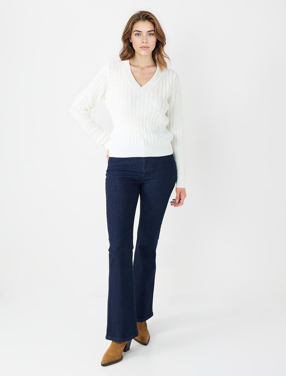 V-Neck Long-Sleeve Pullover - Ecru - 5WW135956114