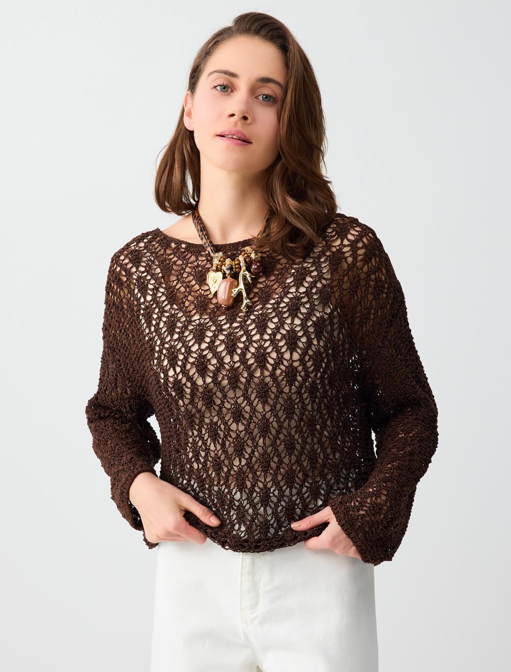 Loose Fit Off-The-Shoulder Long Sleeve Pullover - Brown - 6SW135548803