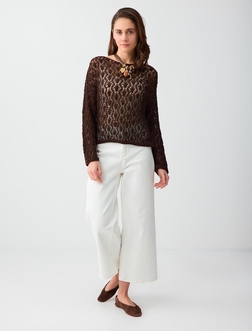 Loose Fit Off-The-Shoulder Long Sleeve Pullover - Brown - 6SW135548803