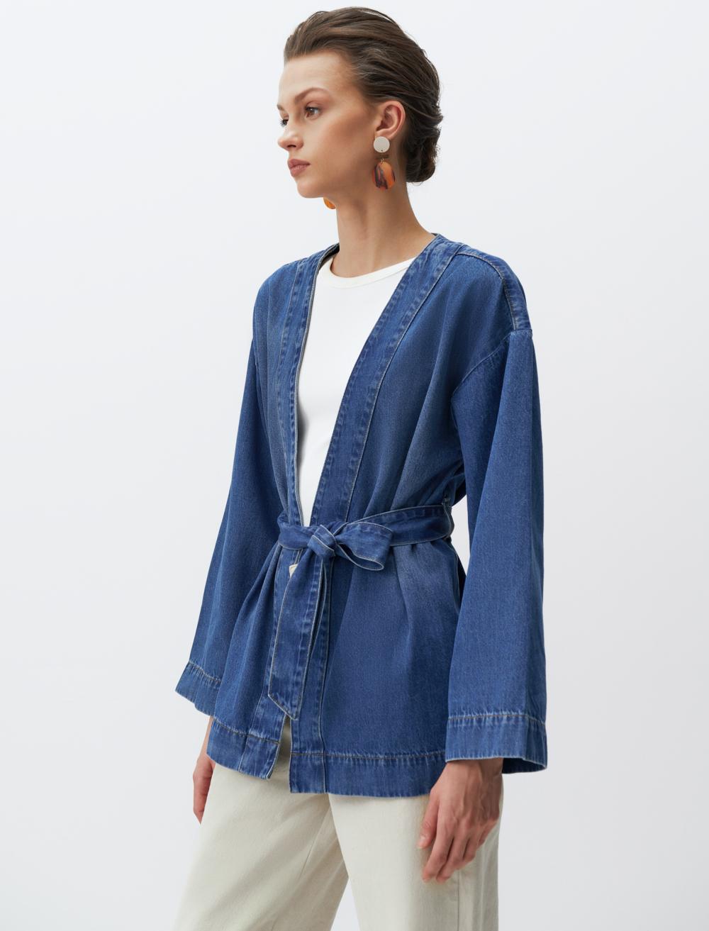 Long Sleeve Belted Denim Kimono