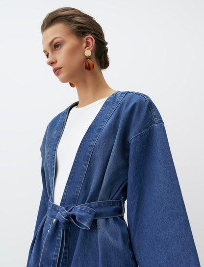 Long Sleeve Belted Denim Kimono
