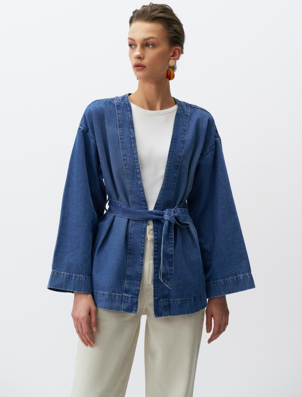 Long Sleeve Belted Denim Kimono