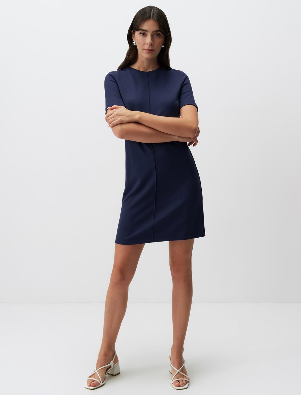 Loose Fit Crew Neck Short-Sleeve Dress - Dark Blue - 24SE044032494