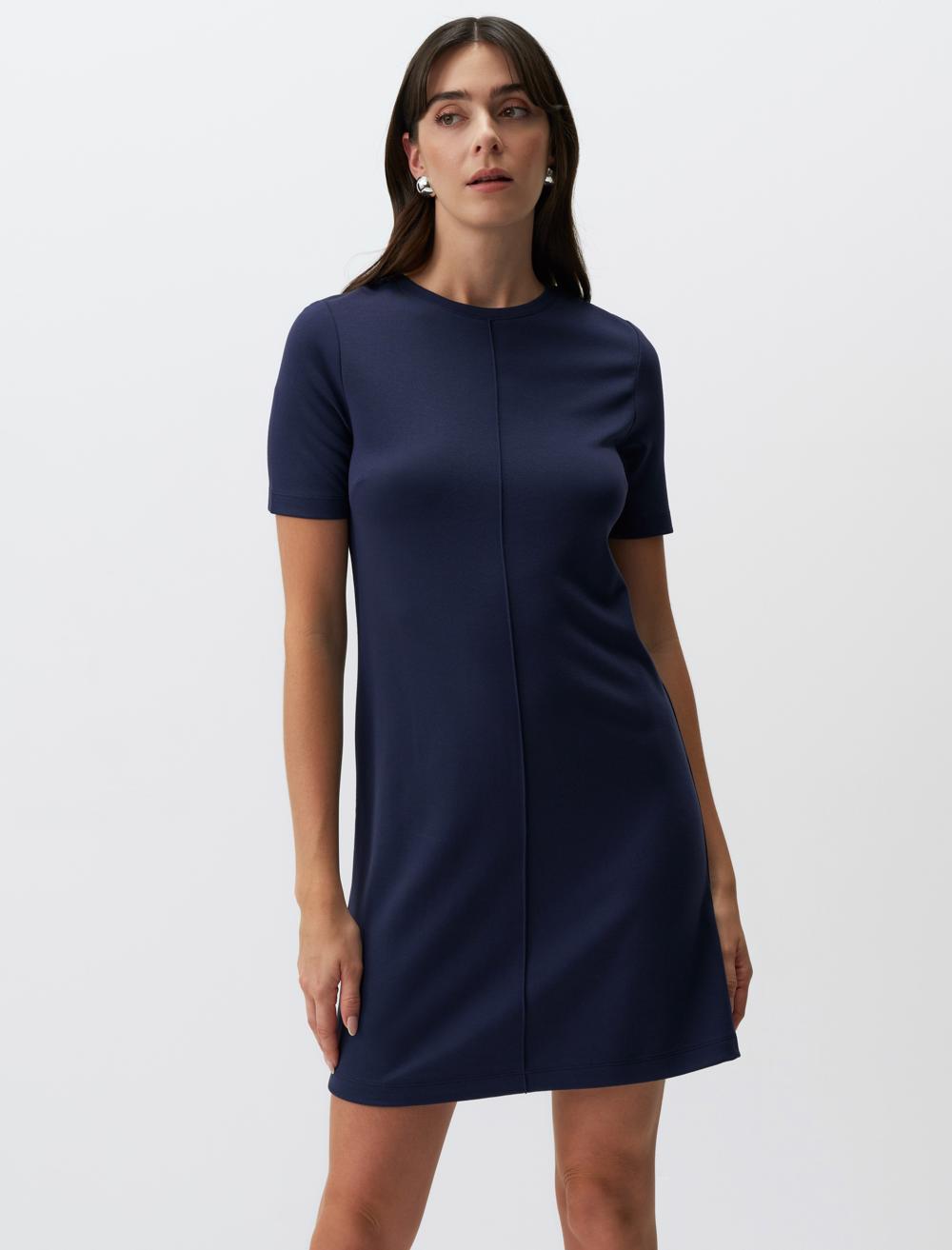 Loose Fit Crew Neck Short-Sleeve Dress - Dark Blue - 24SE044032494