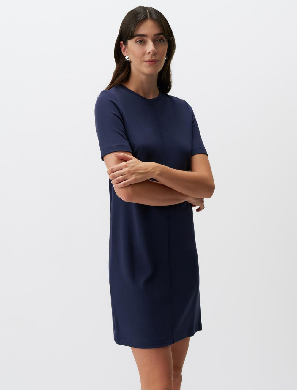 Loose Fit Crew Neck Short-Sleeve Dress - Dark Blue - 24SE044032494