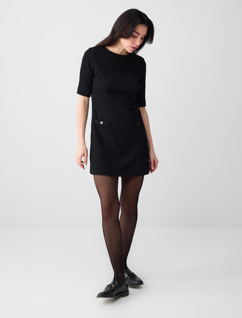 Short Sleeve Crew Neck Straight Fit Knit Dress - Black - 6SW065405900