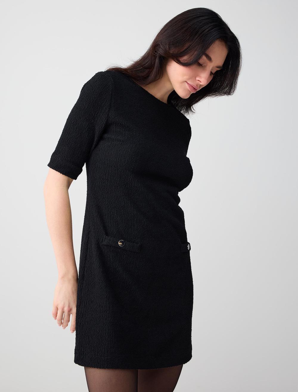 Short Sleeve Crew Neck Straight Fit Knit Dress - Black - 6SW065405900