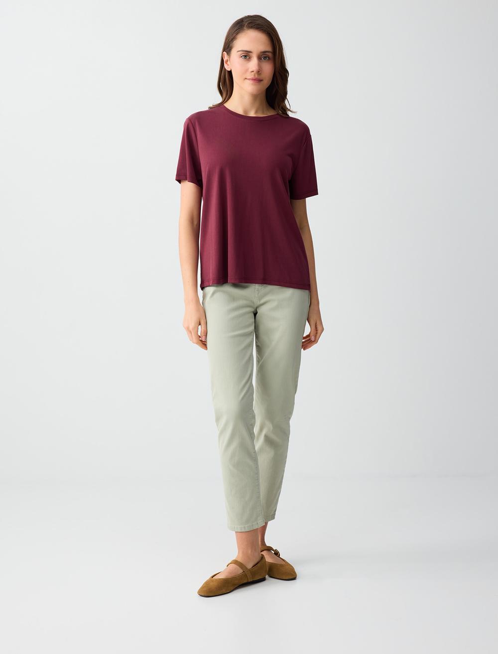 Normal Fit Crew Neck Short Sleeve T-shirt - Burgundy - 6SW275490562
