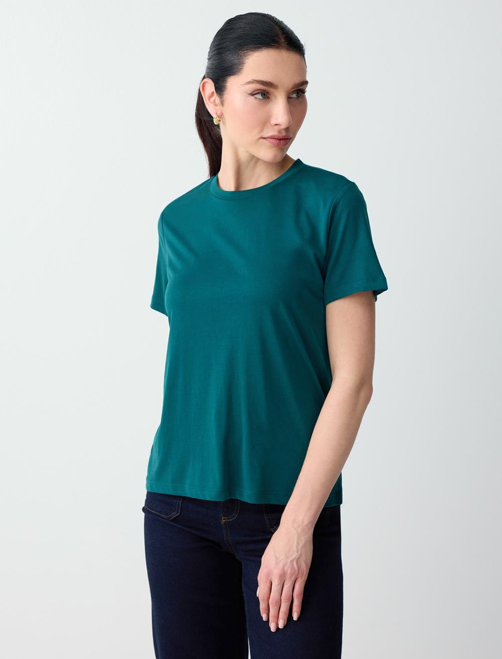 Normal Fit Crew Neck Short Sleeve T-shirt - Dark Green - 6SW275490320