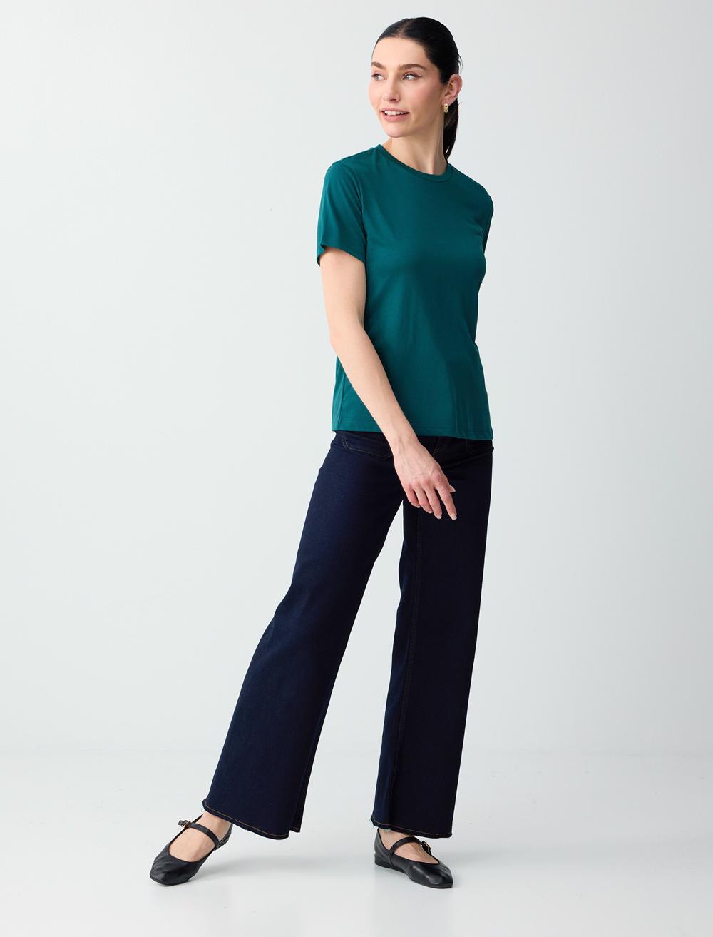 Normal Fit Crew Neck Short Sleeve T-shirt - Dark Green - 6SW275490320