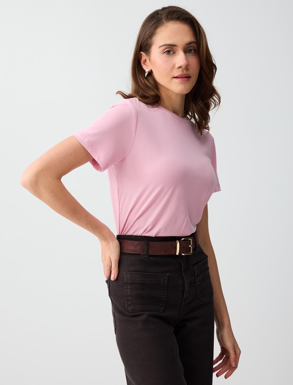Normal Fit Crew Neck Short Sleeve T-shirt - Pink - 6SW275490610