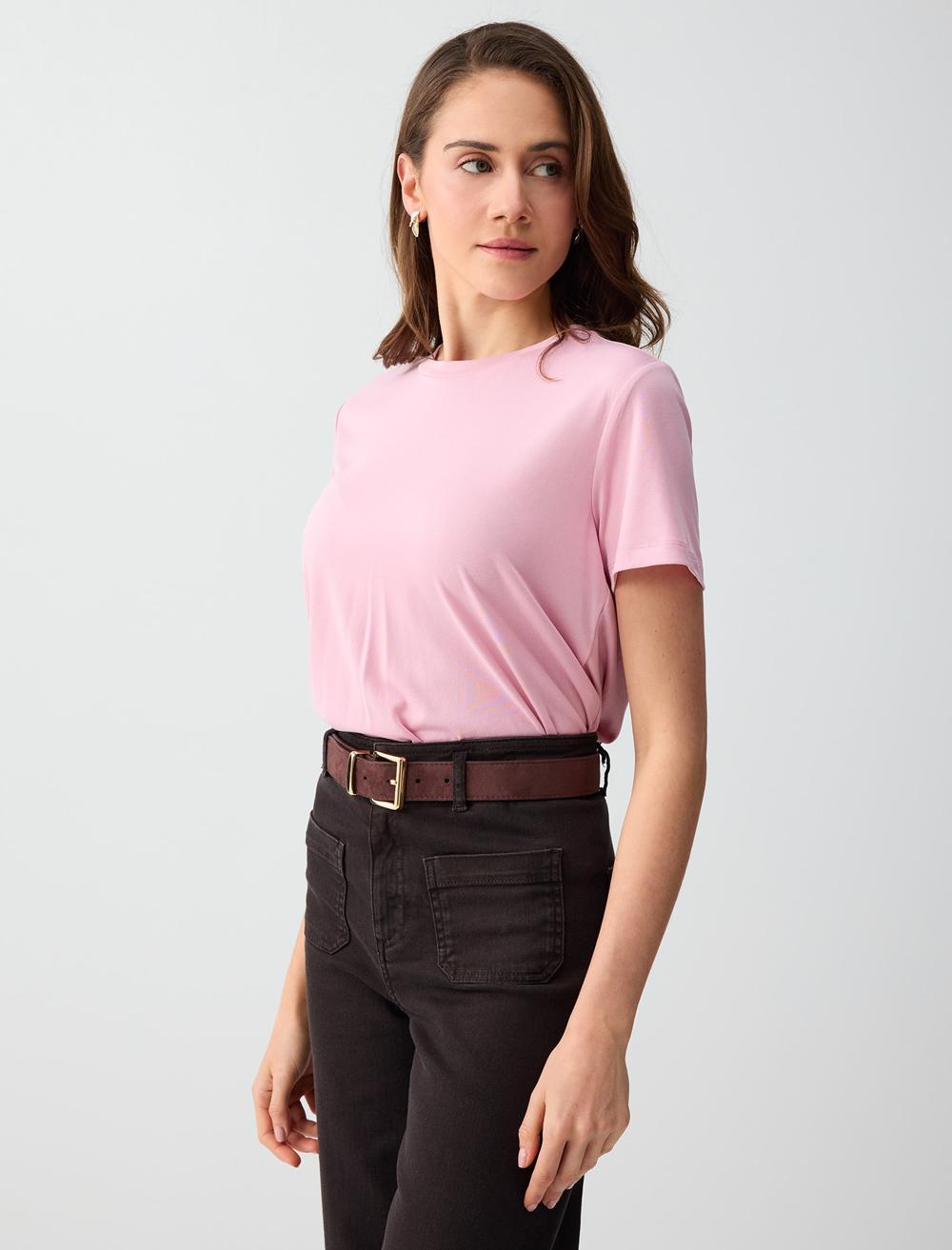 Normal Fit Crew Neck Short Sleeve T-shirt - Pink - 6SW275490610