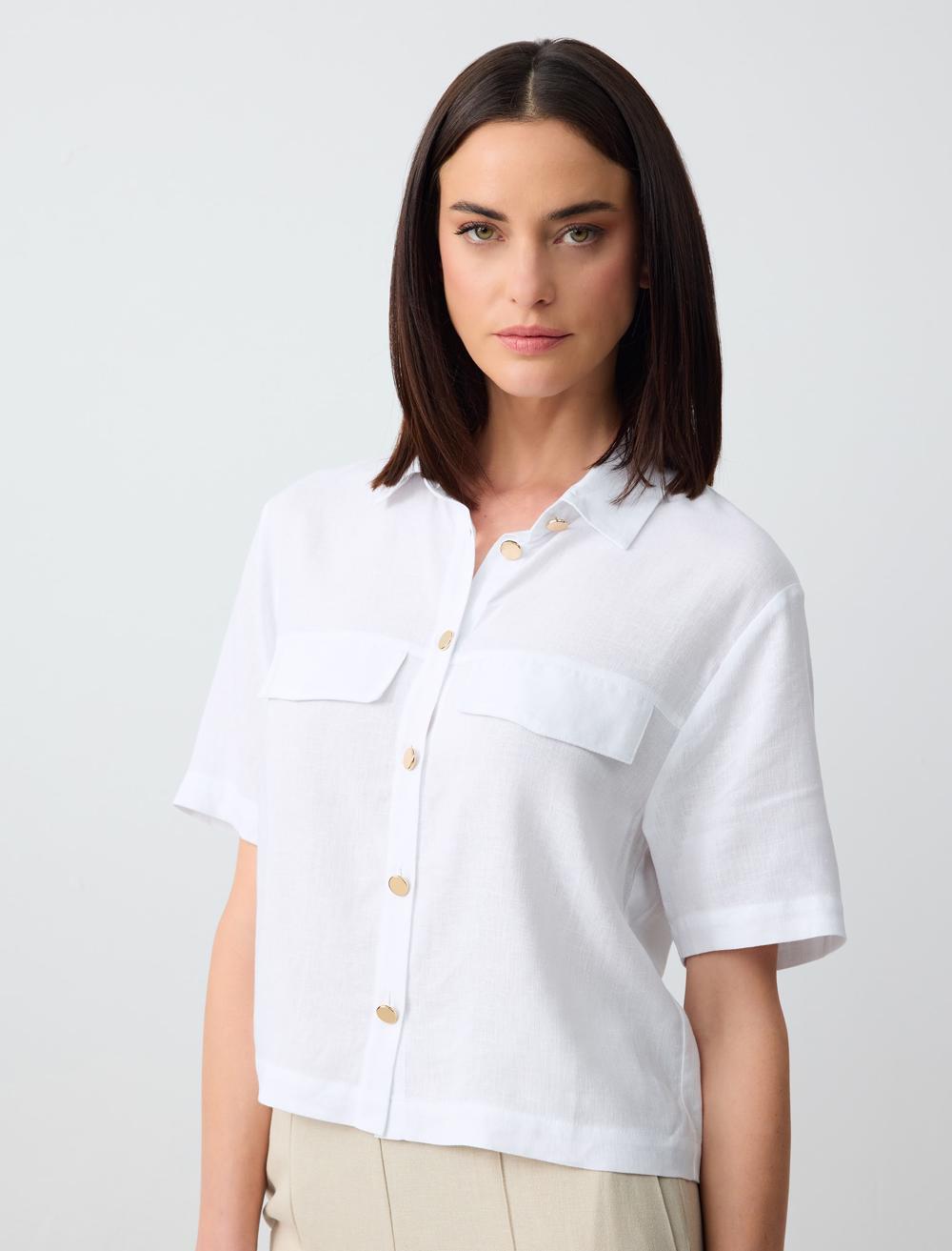 Short Sleeve Linen Shirt with Pocket Detail