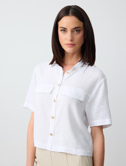 Short Sleeve Linen Shirt with Pocket Detail