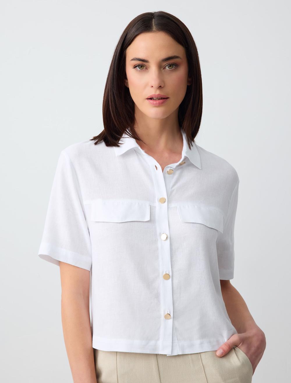 Short Sleeve Linen Shirt with Pocket Detail