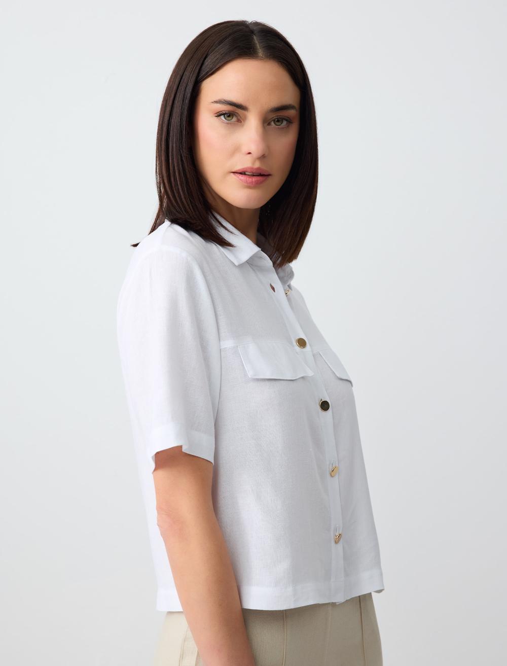 Short Sleeve Linen Shirt with Pocket Detail - White
