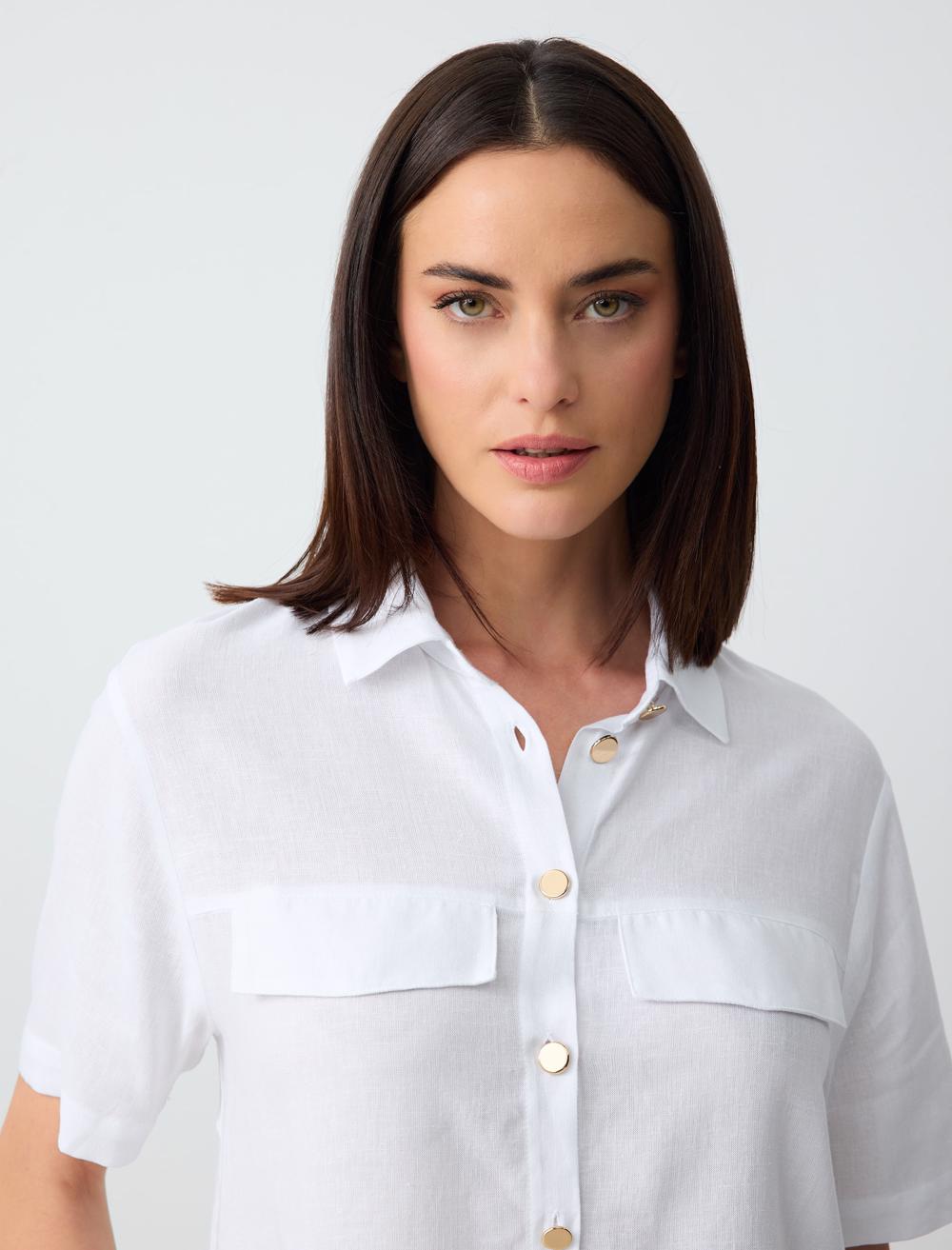 Short Sleeve Linen Shirt with Pocket Detail