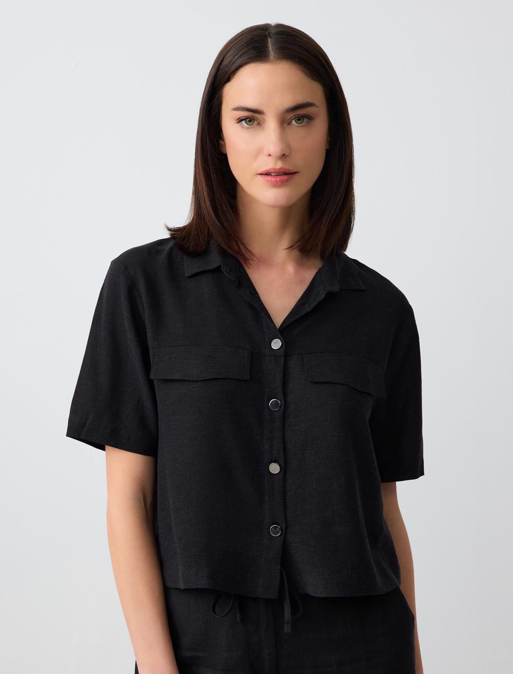 Slim Fit Shirt Collar Short-Sleeve Shirt - Black
