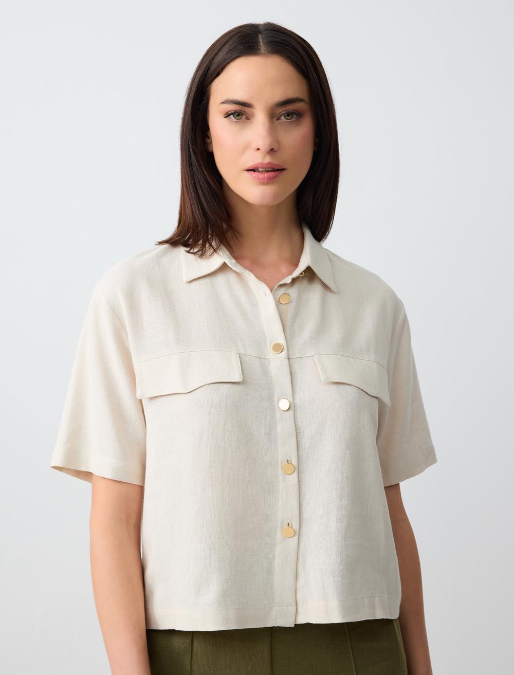 Short Sleeve Linen Shirt with Pocket Detail