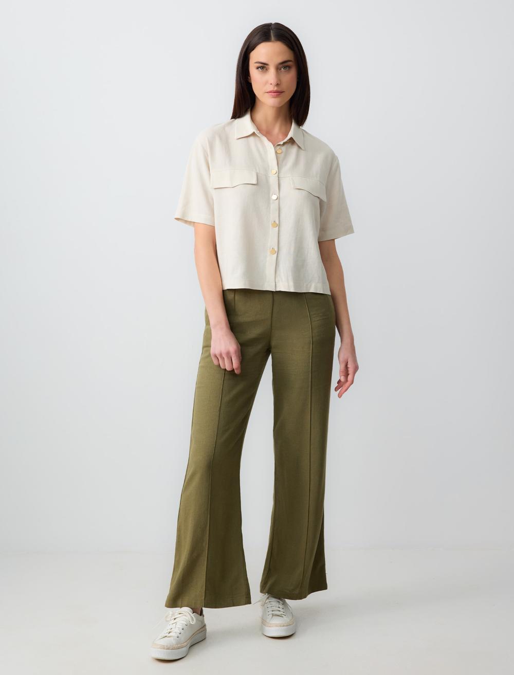 Short Sleeve Linen Shirt with Pocket Detail