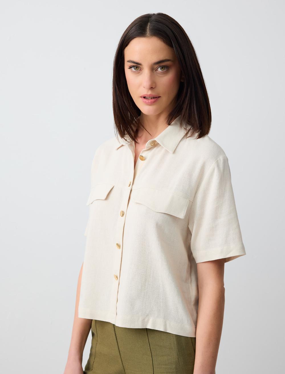 Short Sleeve Linen Shirt with Pocket Detail