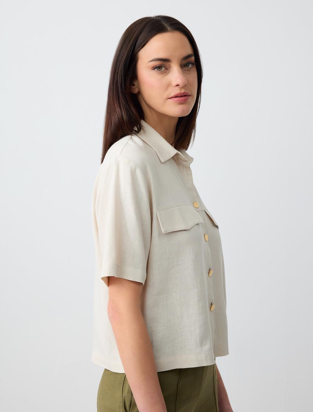 Short Sleeve Linen Shirt with Pocket Detail - Stone Coloured