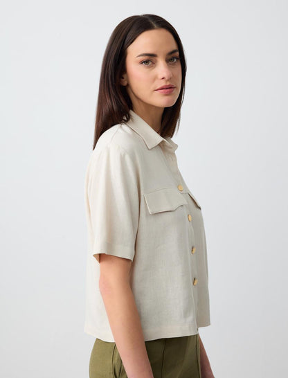 Short Sleeve Linen Shirt with Pocket Detail