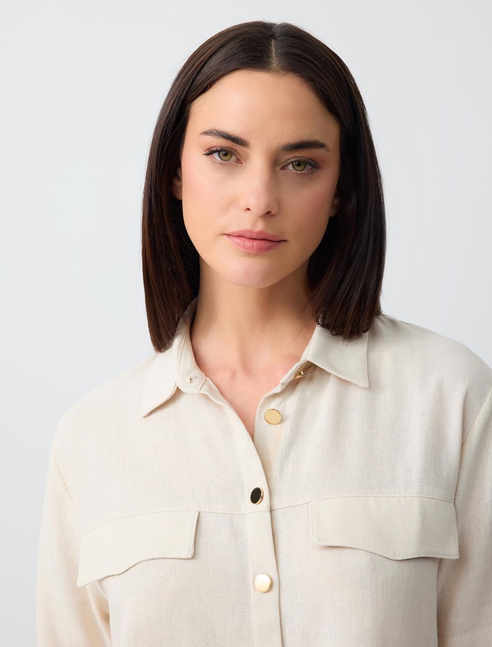 Short Sleeve Linen Shirt with Pocket Detail