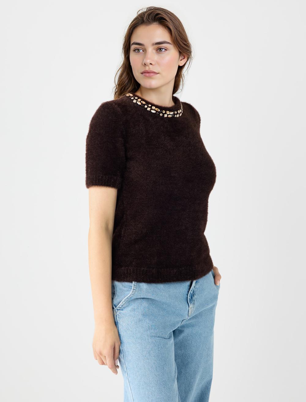 Crew Neck Short-Sleeve Pullover - Bitter Brown - 5WW136006803